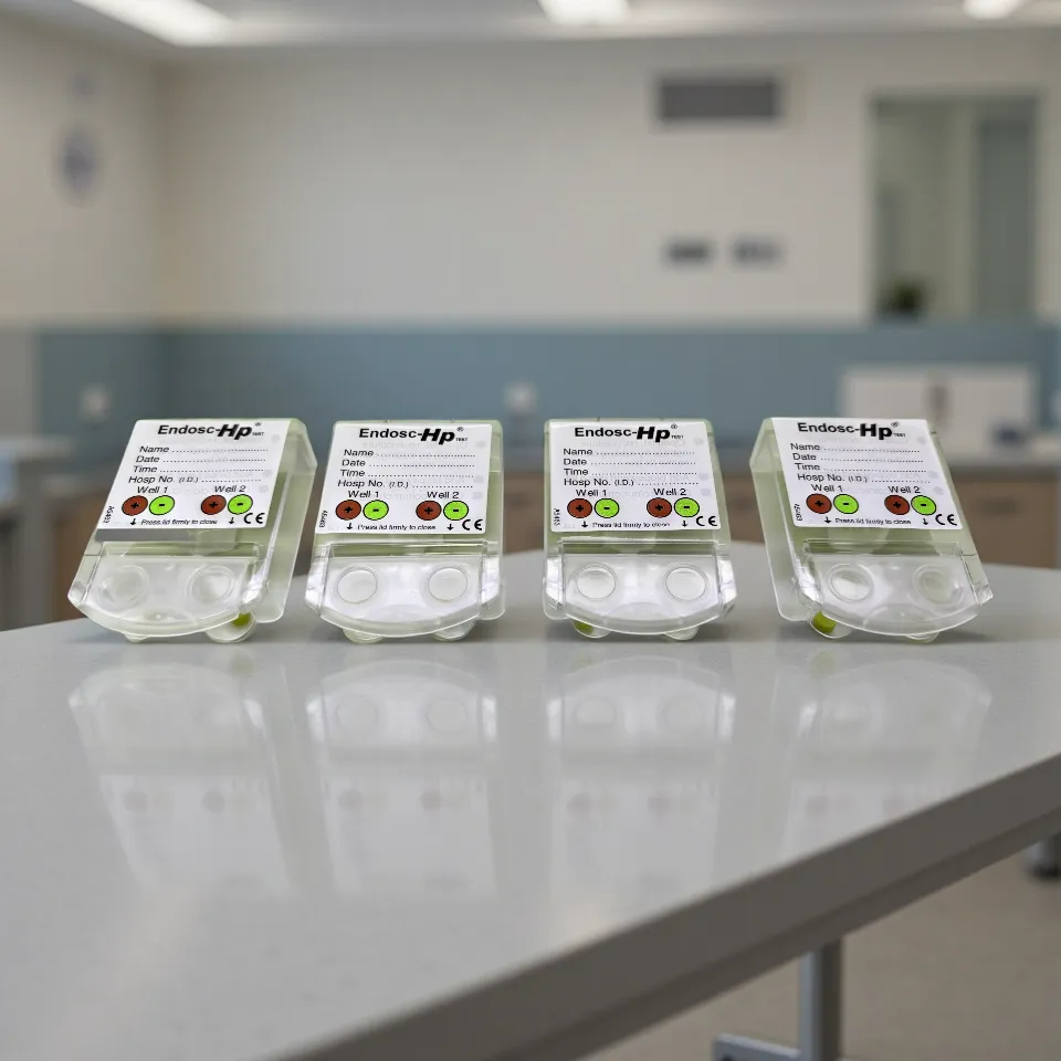 Four packages of EndoSafe-Hp on a table in a clinical setting
