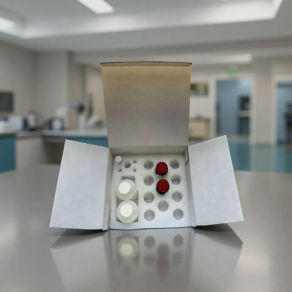 Box with medical supplies on a reflective surface in a clinical setting