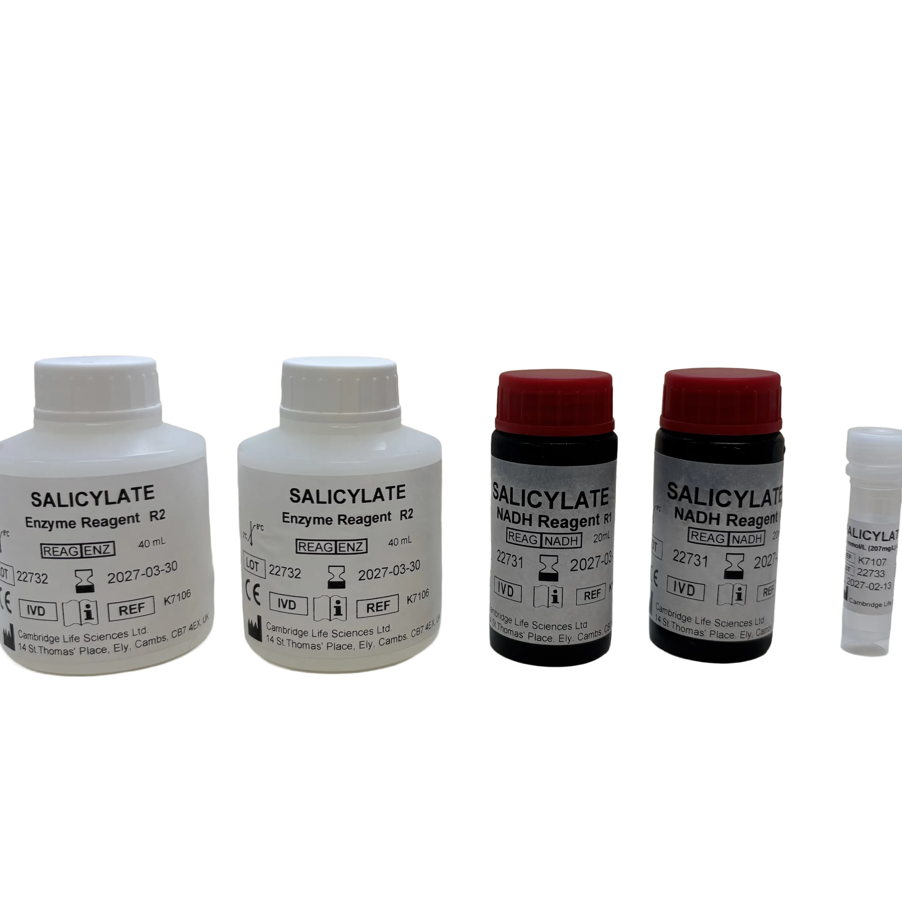 Collection of salicylate reagent bottles on a white background