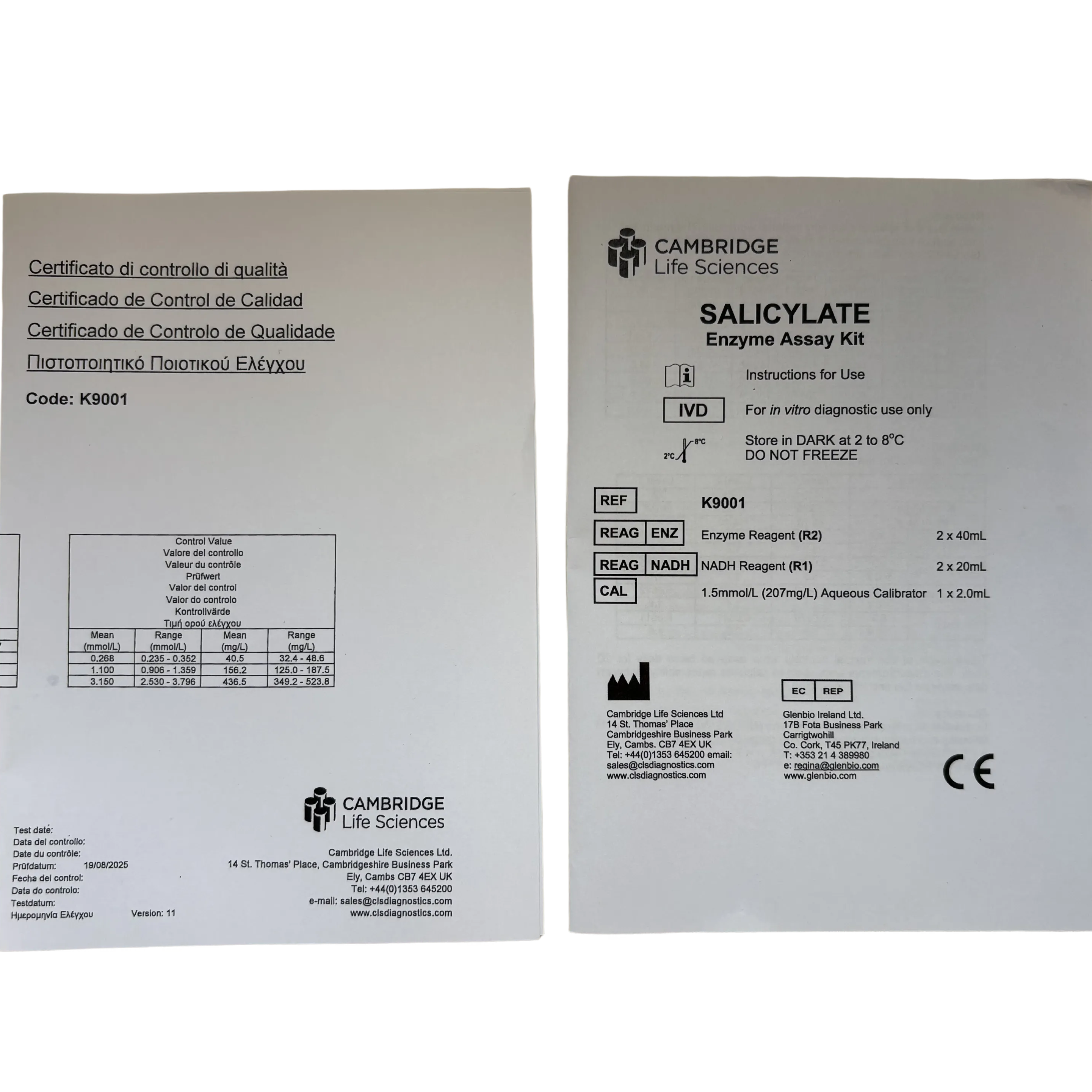 Two boxes of Cambridge Life Sciences Salicylate enzyme assay kit on a white background
