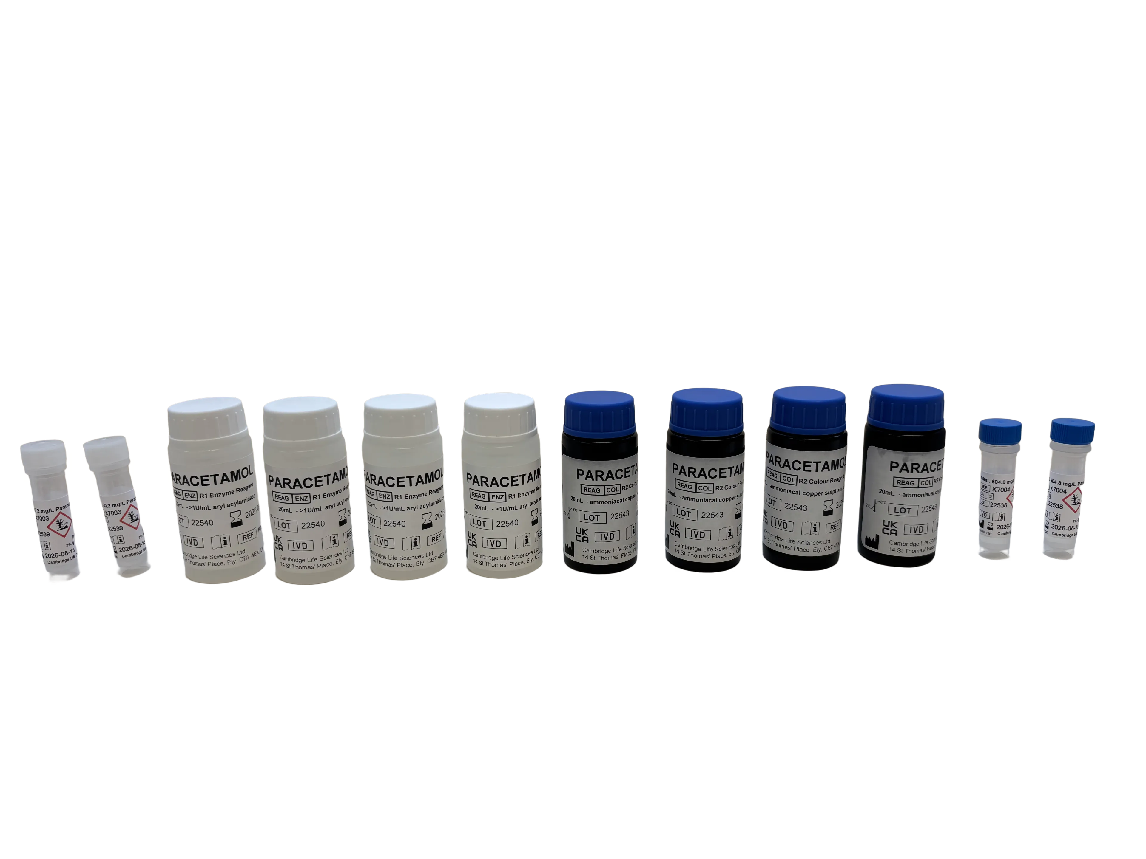 Row of paracetamol bottles of various sizes on a white background