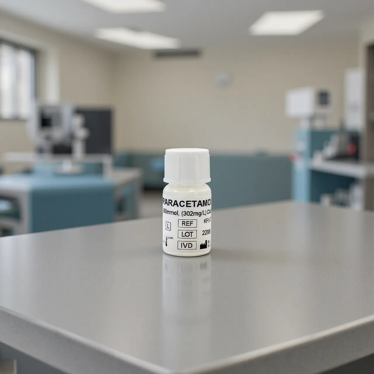 Bottle labeled 'Paracetamol' on a table in a clinical setting