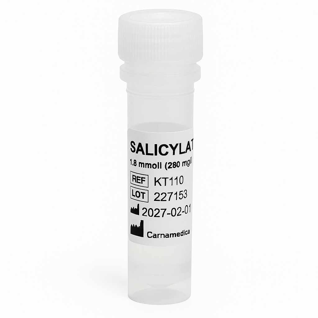 Vial labeled 'Salicylate' with medical information on a white background