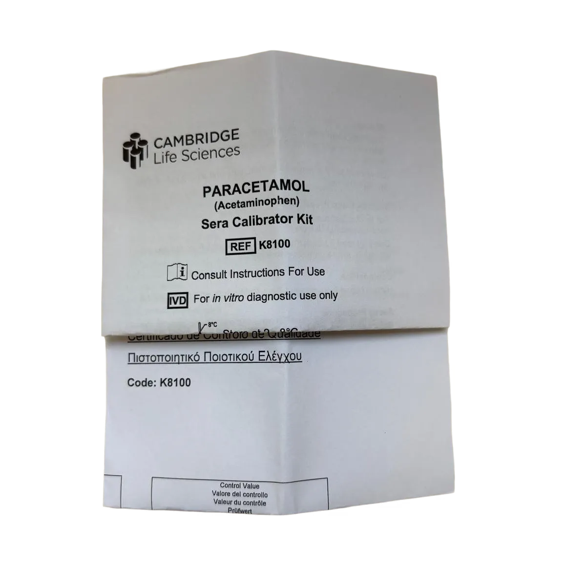 Box of Cambridge Life Sciences Paracetamol Sera Calibrator Kit on a white background