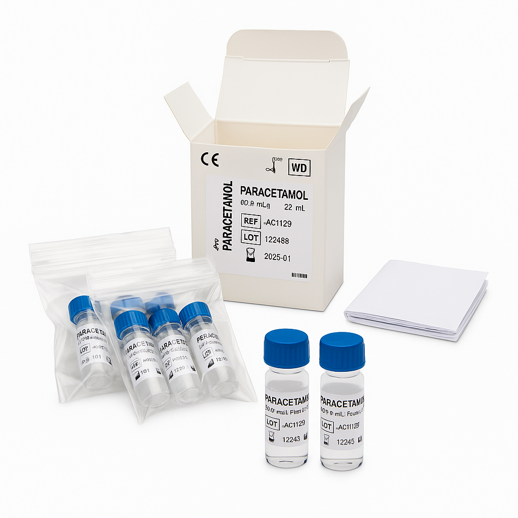 Paracetamol vials and packaging on a white background