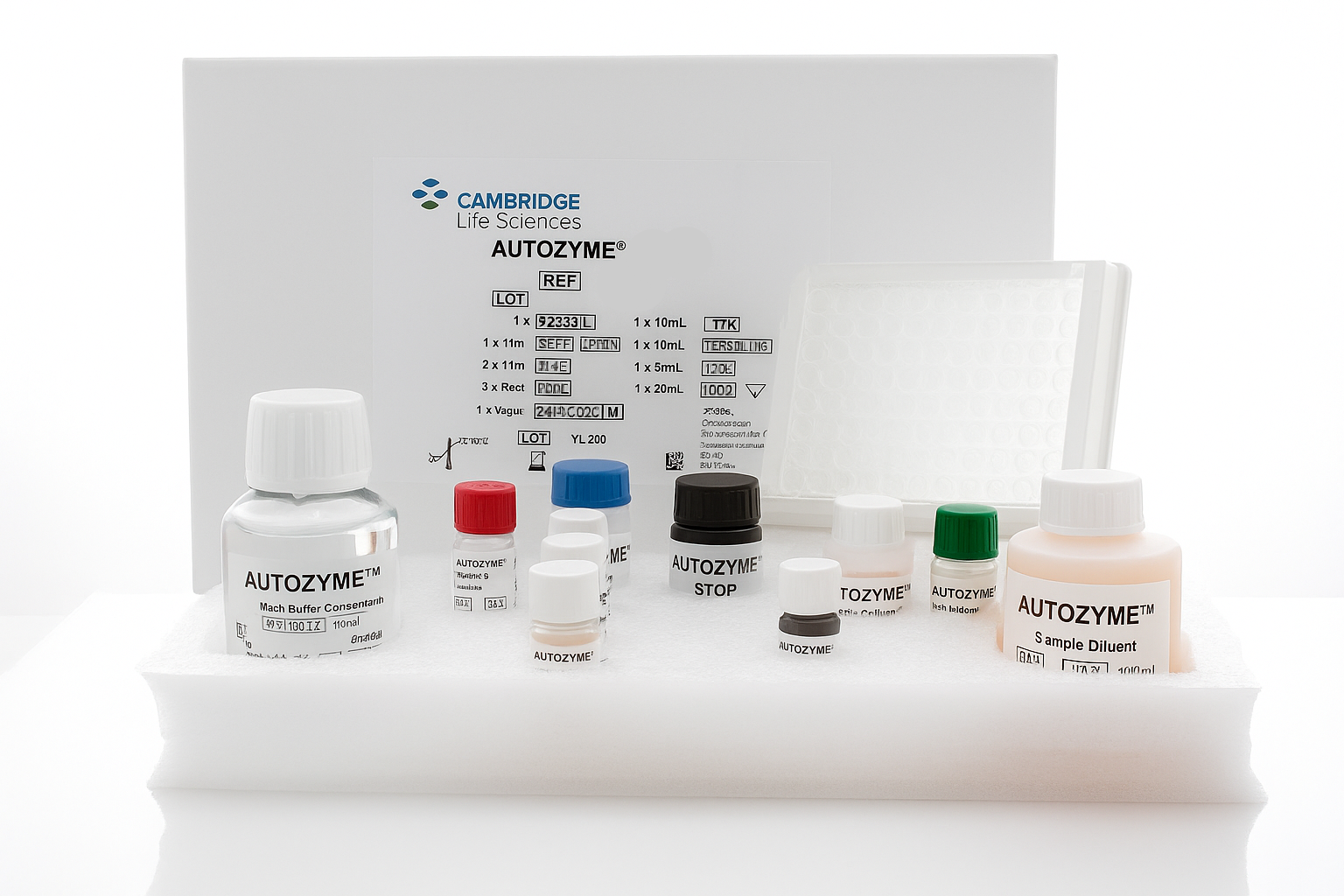 Cambridge Life Sciences Autozyme RF IgG kit with various bottles and containers on a white background