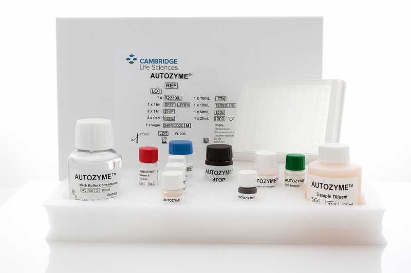 Cambridge Life Sciences Autozyme RF IgG kit with various bottles and containers on a white background