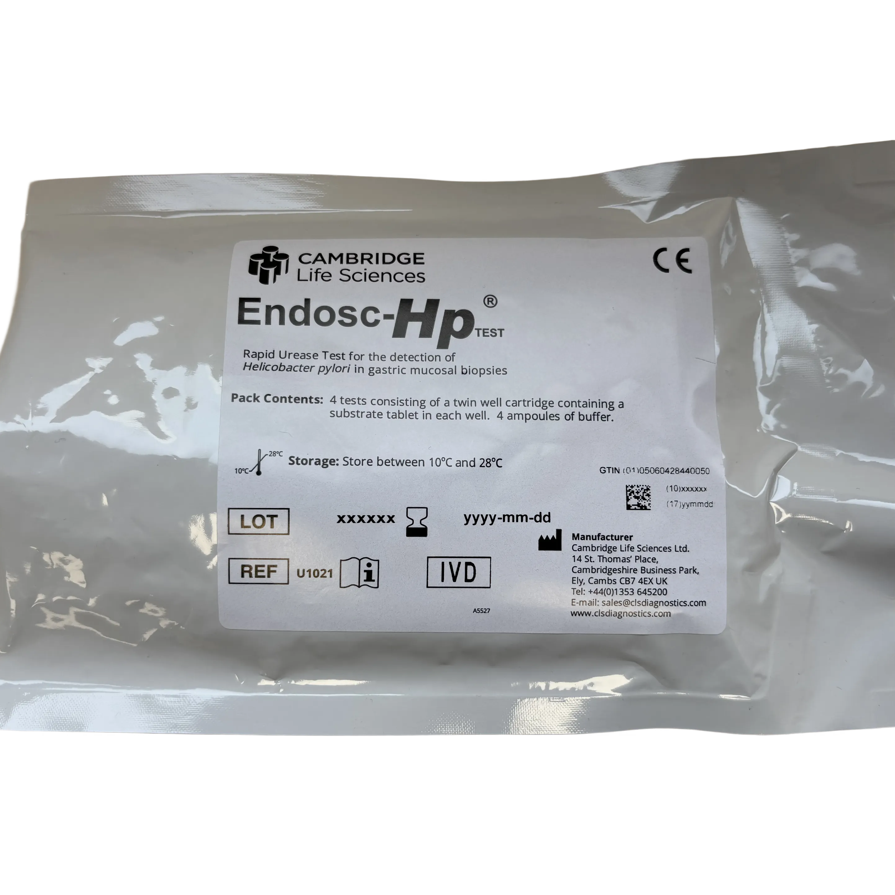 Cambridge Life Sciences Endosc-Hp test package on a white background