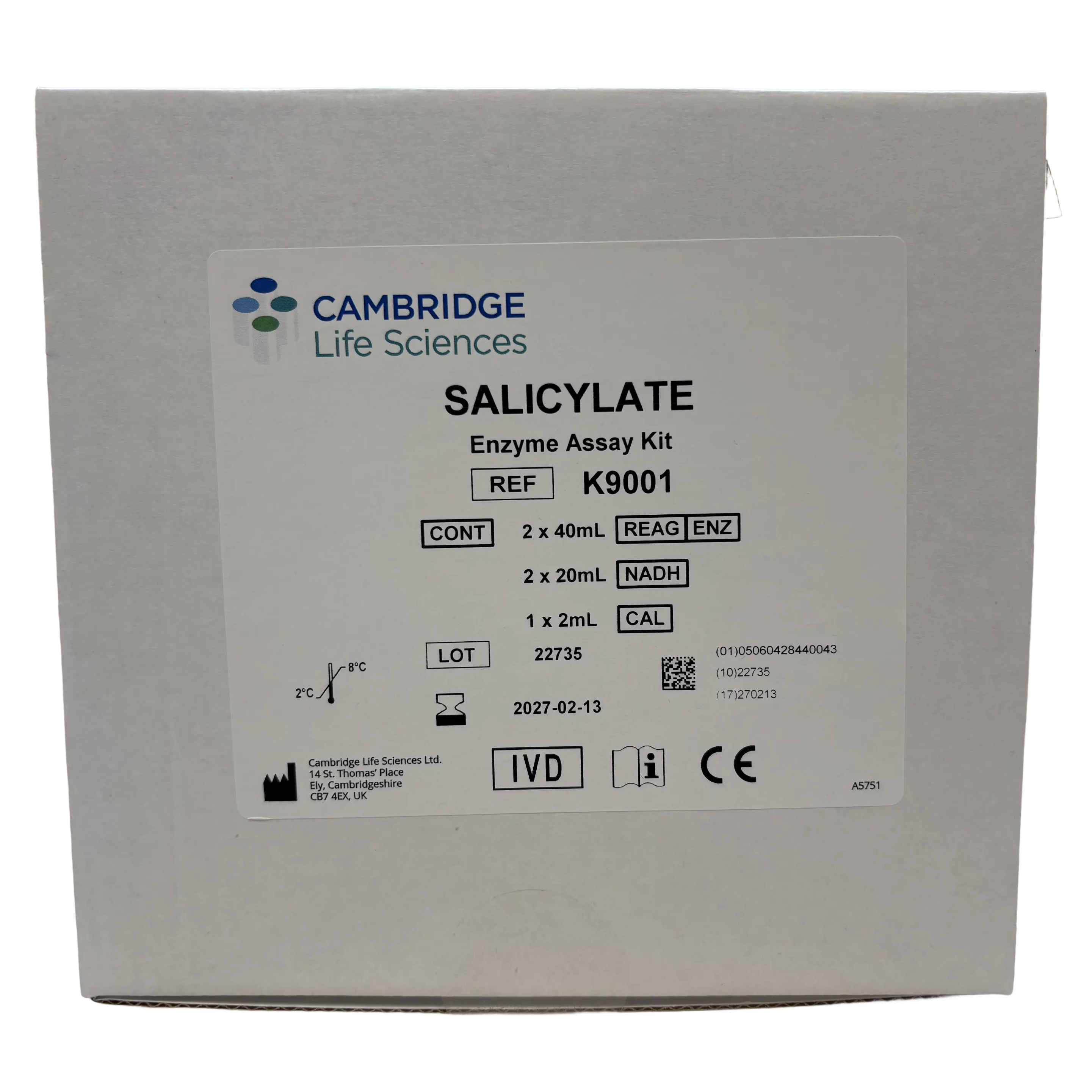 Cambridge Life Sciences Salicylate Enzyme Assay Kit packaging on a white background