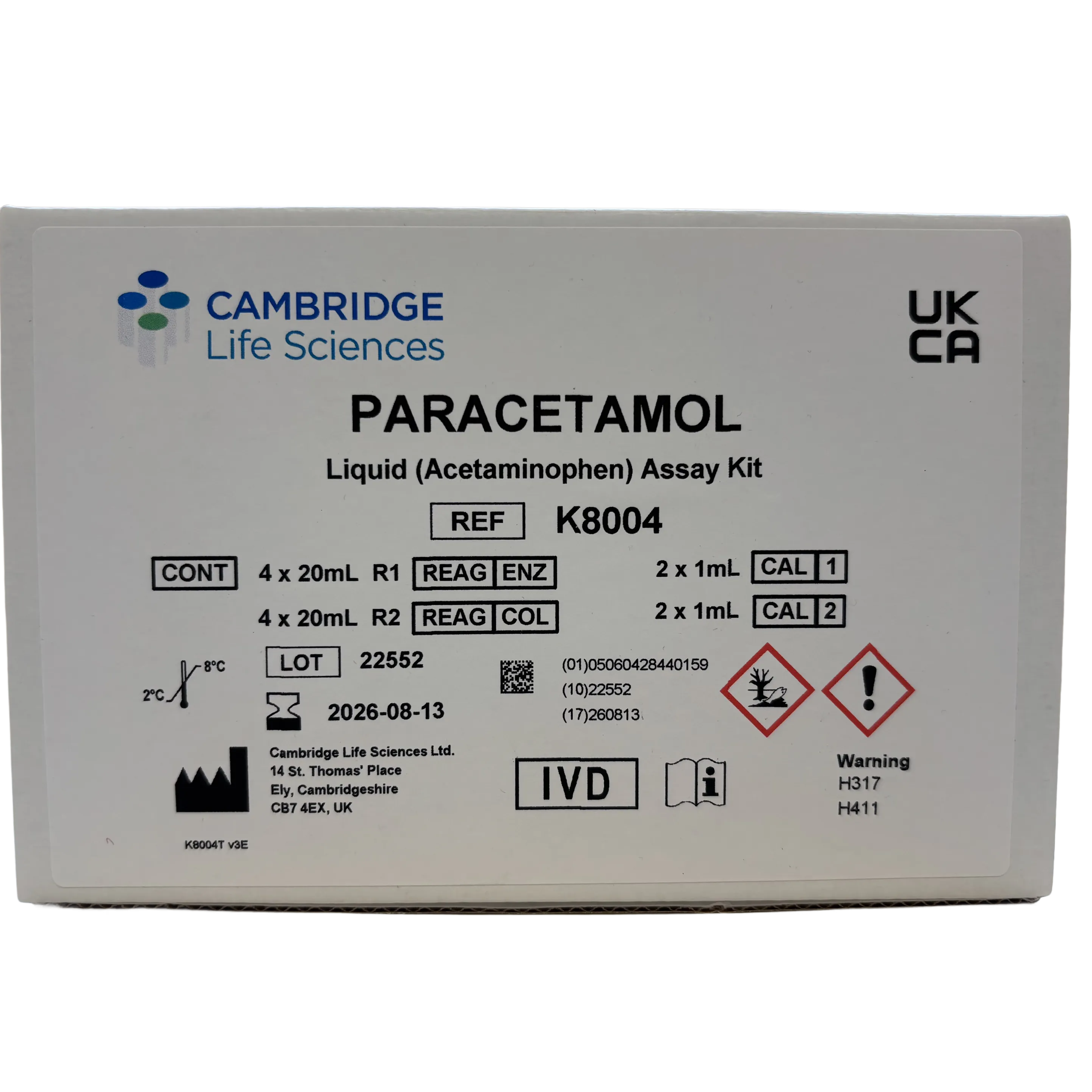 Box of Cambridge Life Sciences Paracetamol assay kit on a white background