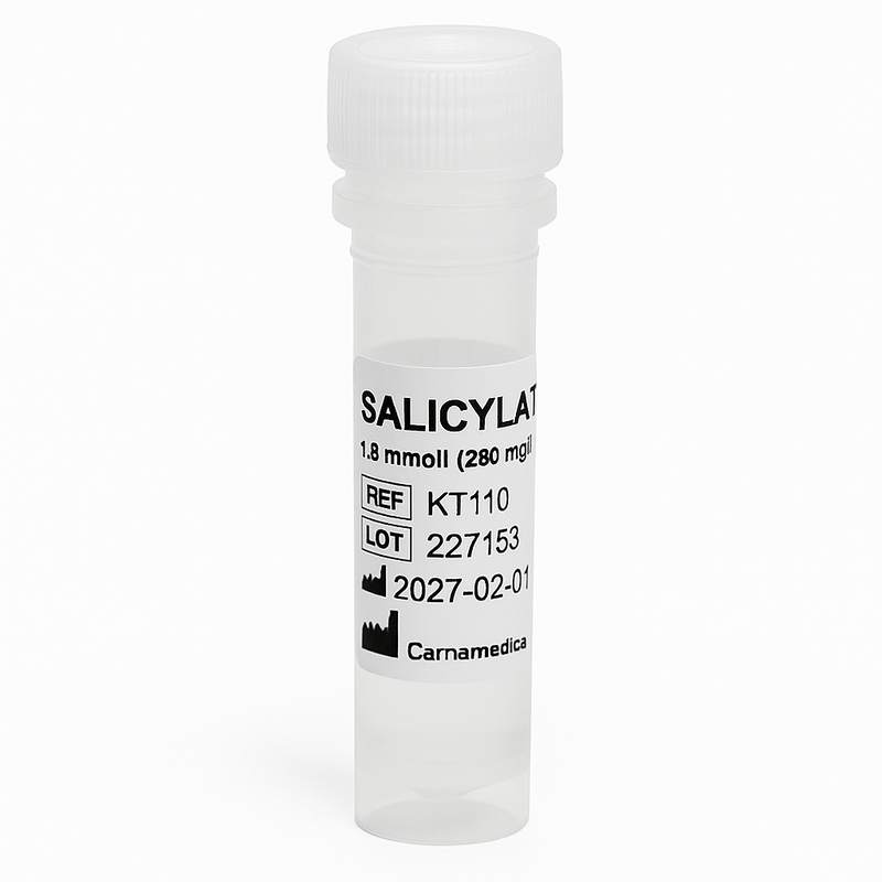 Vial labeled 'Salicylate' with medical information on a white background