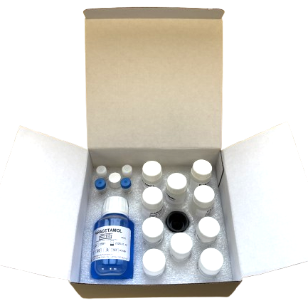 Box containing multiple white bottles and a blue bottle with a label.