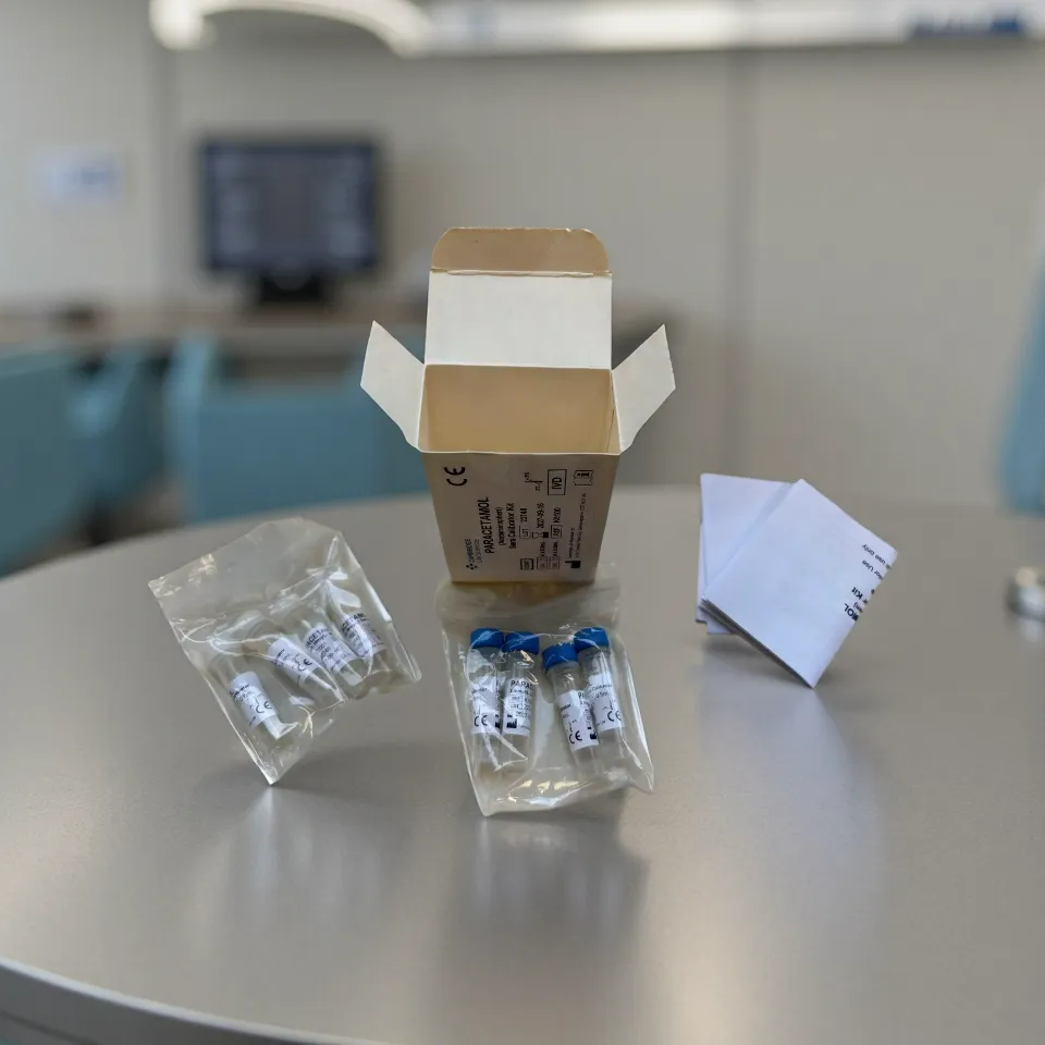 Medical supplies including a box, bags, and vials on a table in a clinical setting.