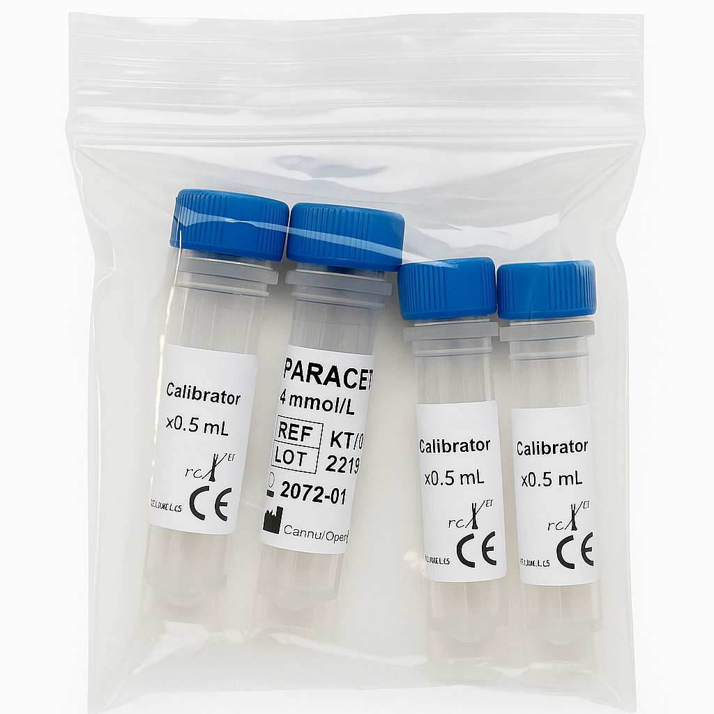 Three calibration vials with blue caps in a clear plastic bag on a white background