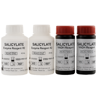 Four Salicylate Enzyme Reagent bottles with labels on a white background