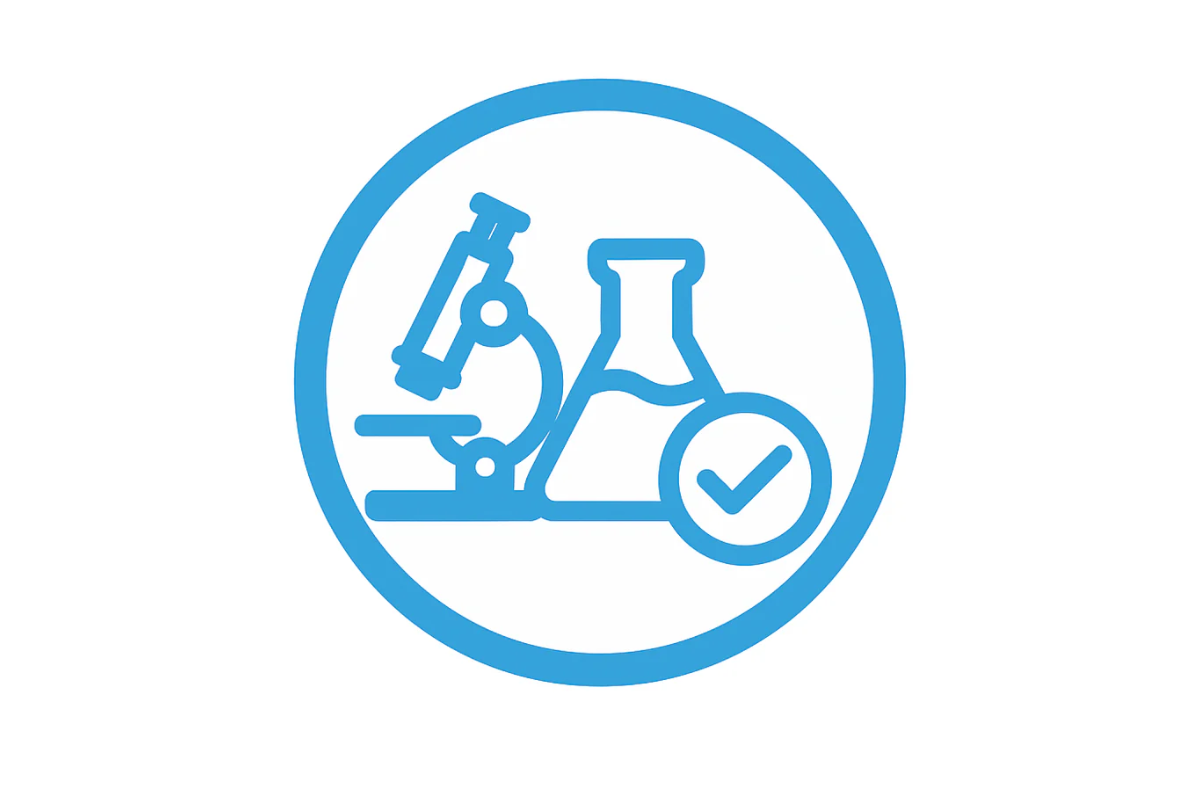 Blue icon of a microscope and beaker with a check mark inside a circle on a white background