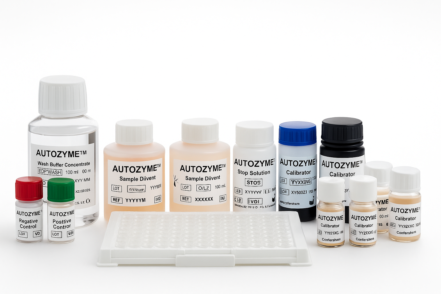 Collection of AUTOZYME laboratory reagents on a white background